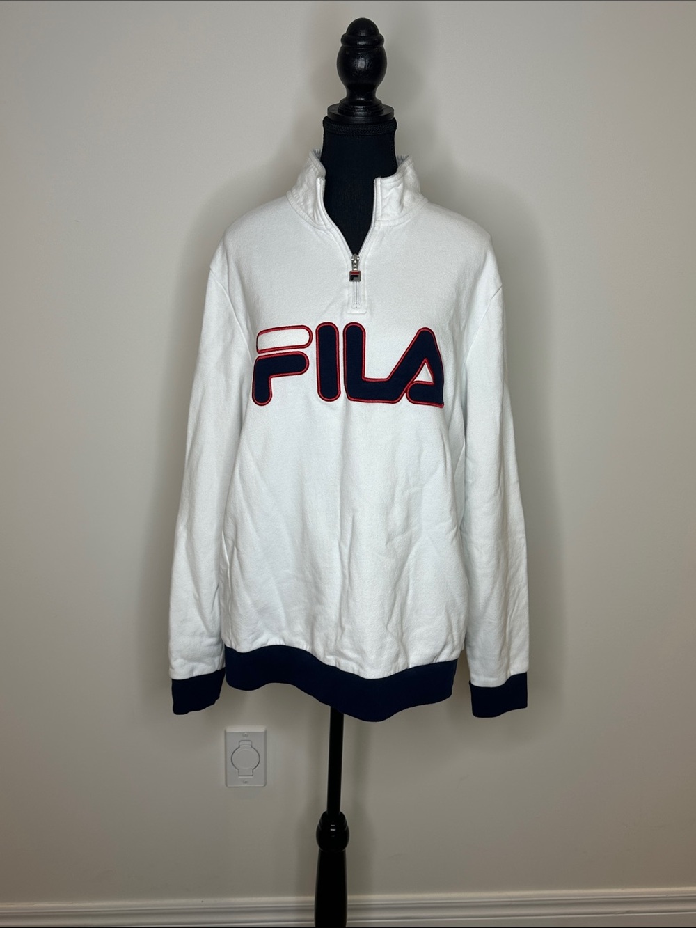 [WOMEN] FILA Quarter Zip Pullover Sweatshirt White Blue Logo Size M